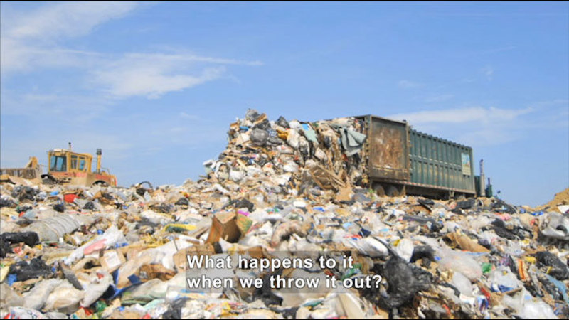 Large truck dumping a load of trash into a landfill. Caption: What happens to it when we throw it out?