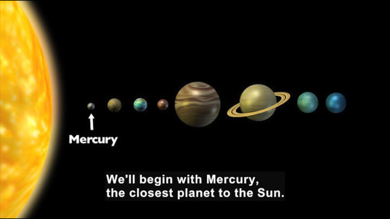 The planets of our solar system in a line. Caption: We'll begin with Mercury, the closest planet to the Sun.