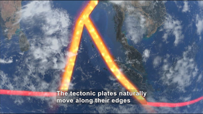 Land and ocean as seen from above with tectonic plates outlined. Caption: The tectonic plates naturally move along their edges