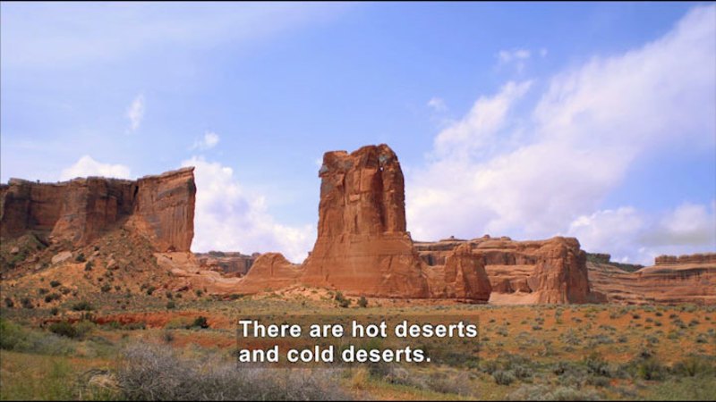 Desert with low scrub and red rock formations rising in the distance. Caption: There are hot deserts and cold deserts.