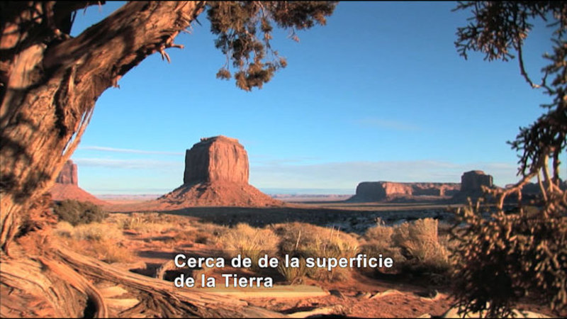 Desert with a tree in the foreground, low scrub and red rock formations rising in the distance. Spanish captions.