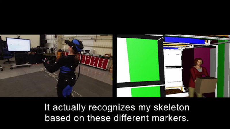 Slit screen of a person in a virtual reality suit and the computer representation of her body. Caption: It actually recognizes my skeleton based on these different markers.