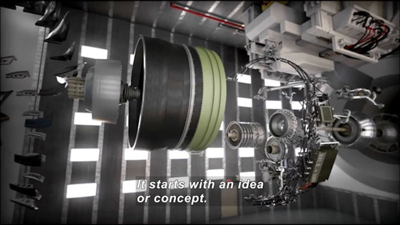 Extremely complex machine with interconnected cylindrical objects and wiring harnesses. Caption: It starts with an idea or concept.
